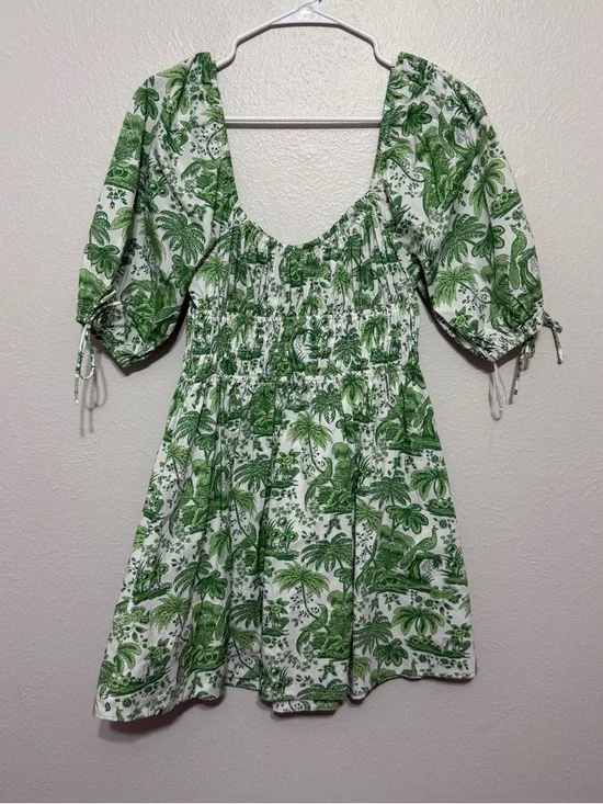 Staud Faye Puff Sleeve Mini Dress Green Tropical Toile Chinoiserie Print Small - Picture 5 of 14